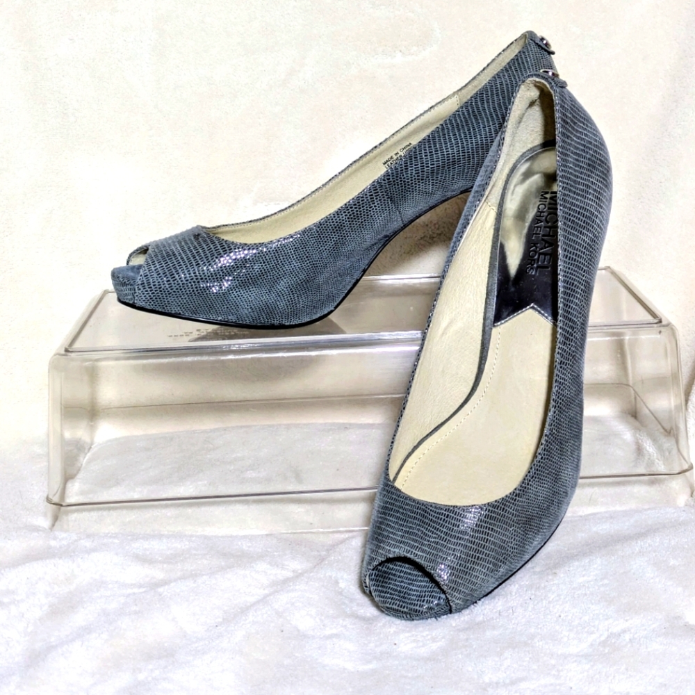 Michael Kors Leather Peep Toe Heels, Gray, Snakeskin Pattern, Business, Sz‎ 7.5